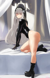 Rule 34 | 1girl, ass, backless leotard, bed, black footwear, black leotard, blue archive, boots, from side, full body, grey hair, hair between eyes, halo, high heel boots, high heels, highres, kion-kun, leotard, long hair, looking at viewer, looking to the side, nun, on bed, parted lips, red eyes, sakurako (blue archive), solo, teeth, very long hair