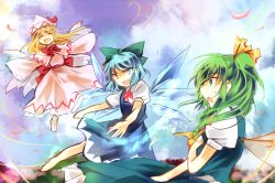 Rule 34 | 3girls, blonde hair, blue dress, blue eyes, blue hair, blue sky, bow, capelet, cirno, daiyousei, dress, closed eyes, fairy, fairy wings, flying sweatdrops, green eyes, green hair, hair bow, hair ribbon, hat, ice, ice wings, kutsuki kai, lily white, long sleeves, multiple girls, open mouth, outstretched arms, petals, pink dress, puffy short sleeves, puffy sleeves, ribbon, sash, shirt, short sleeves, side ponytail, sky, smile, touhou, wide sleeves, wings