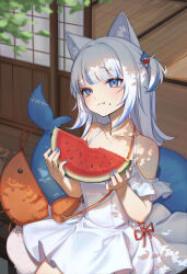 Rule 34 | 1girl, :t, absurdres, alternate costume, animal ear fluff, animal ears, bag, bare shoulders, blue eyes, blue hair, blue nails, cat ears, chinese commentary, closed mouth, collarbone, commentary request, dappled sunlight, day, dress, eating, ebi-chan (gawr gura), fingernails, fins, fish tail, food, fruit, gawr gura, grey hair, hair ornament, highres, holding, holding food, holding fruit, hololive, hololive english, light blush, long fingernails, looking at viewer, medium hair, multicolored hair, nail polish, off-shoulder dress, off shoulder, orange bag, pleated dress, shark girl, shark hair ornament, shark tail, shouji, shoulder bag, sidelocks, sitting, sliding doors, solo, streaked hair, sundress, sunlight, tail, tatami, two side up, virtual youtuber, watermelon, watermelon seeds, watermelon slice, white dress, wooden floor, yuenillus