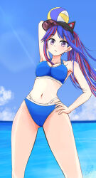 Rule 34 | 1girl, absurdres, animal ears, ball, bikini, blue bikini, blue hair, breasts, cat ears, cleavage, commentary request, hand on own hip, highres, horizon, kantai collection, large breasts, long hair, multicolored hair, navel, ocean, official alternate costume, ponytail, purple eyes, red hair, solo, sosser, south dakota (kancolle), sports bikini, swimsuit, visor cap, volleyball, volleyball (object), white hair