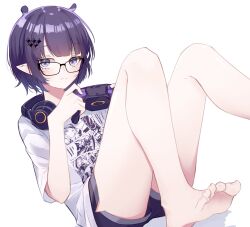 Rule 34 | 1girl, absurdres, bare legs, barefoot, blue eyes, blunt bangs, controller, expressionless, game controller, glasses, hair ornament, headphones, headphones around neck, highres, holding, holding controller, holding game controller, hololive, hololive english, looking at viewer, mole, mole under eye, ninomae ina&#039;nis, ninomae ina&#039;nis (loungewear), official alternate costume, pixie cut, pointy ears, purple hair, ritzchrono, shirt, short hair, short shorts, short sleeves, shorts, simple background, sitting, solo, t-shirt, toes, virtual youtuber, white background, white shirt