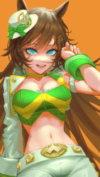 Rule 34 | 1girl, :d, absurdres, ahoge, animal ears, arm belt, arm up, bandeau, belt, blouse, blue eyes, breasts, brown hair, choker, cleavage, collarbone, cowboy shot, cropped jacket, danaid ianad, eyebrows hidden by hair, green bandeau, green shirt, groin, hair between eyes, hair ornament, hairclip, hat, highres, horse ears, horse girl, jacket, large breasts, long hair, long sleeves, looking at viewer, midriff, mini hat, mini top hat, mr. c.b. (umamusume), narrow waist, navel, open clothes, open jacket, open mouth, orange background, pants, shirt, sidelocks, simple background, single bare shoulder, single sleeve, sleeve cuffs, smile, solo, standing, swept bangs, teeth, top hat, umamusume, upper teeth only, white belt, white hat, white jacket, white pants, yellow choker