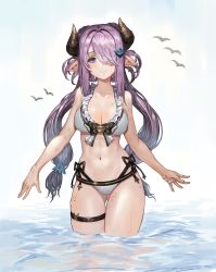 Rule 34 | 1girl, absurdres, bikini, black ribbon, blue eyes, breasts, c2h6o, cleavage, closed mouth, collarbone, cowboy shot, draph, earrings, front-tie bikini top, front-tie top, gluteal fold, granblue fantasy, hair over one eye, highres, horns, jewelry, large breasts, long hair, looking at viewer, medium breasts, multi-strapped bikini, narmaya (granblue fantasy), narmaya (summer) (granblue fantasy), pointy ears, purple hair, ribbon, shiny skin, side-tie bikini bottom, smile, solo, standing, swimsuit, thigh gap, thigh strap, twintails, very long hair, wading, white background, white bikini