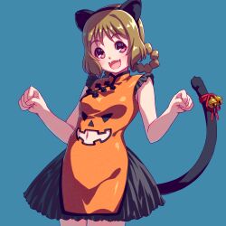 Rule 34 | 1girl, :3, :d, animal ears, bell, blue background, cat ears, cat tail, chinese clothes, clothing cutout, commentary request, cowboy shot, delicious party precure, dress, fake animal ears, fake tail, fang, hair rings, halloween, halloween costume, hanamichi ran, high collar, highres, jingle bell, looking at viewer, navel, navel cutout, open mouth, orange dress, partial commentary, paw pose, precure, red eyes, red ribbon, ribbon, sayousuke, short dress, short hair, simple background, sleeveless, sleeveless dress, smile, solo, standing, tail, tail bell, tail ornament, tail ribbon