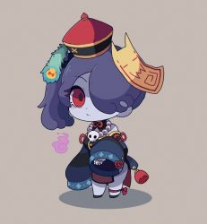 Rule 34 | 1girl, blue hair, blue skin, chibi, colored skin, detached collar, fire, hair over one eye, hat, jiangshi, necklace, ofuda, red eyes, side ponytail, skull necklace, skullgirls, solo, squigly (skullgirls), tan background, tasmania53, zombie