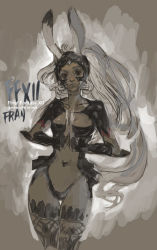 Rule 34 | 00s, 1girl, character name, copyright name, dark skin, dark-skinned female, final fantasy, final fantasy xii, fran (ff12), mos, revealing clothes, solo, traditional media, viera, white hair