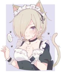 Rule 34 | ..., 1girl, animal ears, animal hands, bell, black choker, black dress, blonde hair, blush, cat ears, cat paws, cat tail, choker, cleavage cutout, closed mouth, clothing cutout, collarbone, cropped torso, dress, ear piercing, frilled dress, frills, hair over one eye, highres, looking at viewer, love live!, love live! nijigasaki high school idol club, maid headdress, mia taylor, neck bell, notyu maru, piercing, puffy short sleeves, puffy sleeves, short hair, short sleeves, solo, spoken ellipsis, sweat, tail, upper body, v-shaped eyebrows, wavy mouth, wrist cuffs
