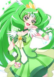 Rule 34 | 1girl, bike shorts, bike shorts under skirt, breasts, choker, collarbone, cowboy shot, cure march, green choker, green eyes, green hair, green shorts, green skirt, green theme, highres, long hair, magical girl, medium breasts, momotarouooi, open mouth, ponytail, precure, shorts, shorts under skirt, skirt, smile, smile precure!, solo, tiara, tri tails, white background, wide ponytail, wrist cuffs, yellow choker
