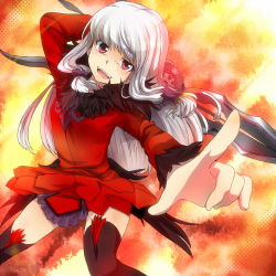 Rule 34 | 1girl, agria (tales), albino, black thighhighs, freckles, fur trim, long hair, marimo danshaku, miniskirt, open mouth, pointing, red eyes, red skirt, skirt, solo, sword, tales of (series), tales of xillia, thighhighs, weapon, white hair