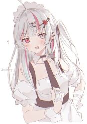 Rule 34 | 1girl, ahoge, bandaged arm, bandages, bare shoulders, black collar, black necktie, blush, collar, commentary request, detached collar, detached sleeves, dot nose, dress, earrings, flying sweatdrops, grey eyes, grey hair, h (eitilog), hair ornament, hairclip, heterochromia, highres, ishigami nozomi, jewelry, long hair, looking at viewer, maid headdress, multicolored hair, necktie, nijisanji, one side up, open mouth, pink eyes, red hair, shirt, short sleeves, simple background, solo, spiked ear piercing, strapless, strapless dress, streaked hair, twitter username, upper body, virtual youtuber, watermark, white background, white dress, white shirt, wrist cuffs