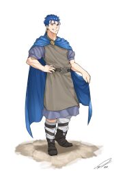 Rule 34 | 1boy, alternate costume, belt, black footwear, blue cloak, blue hair, blue tunic, boots, brooch, brown tunic, cloak, cu chulainn (fate), dasdokter, earrings, fate (series), grin, highres, jewelry, male focus, medieval, muscular, ponytail, red eyes, simple background, smile, socks, solo, tunic, white background, white socks