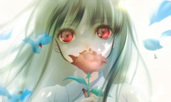 Rule 34 | 1girl, bad id, bad pixiv id, blouse, collared shirt, copyright name, covered mouth, dappled sunlight, eyelashes, flower, flower over mouth, ib (ib), ib (kouri), long hair, necktie, portrait, red eyes, red necktie, rose, shirt, solo, sunlight, white shirt, yoshii