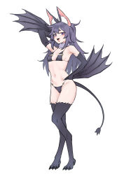 1girl animal_ear_fluff animal_ears animal_legs bam.g bat_ears bat_tail bat_wings bikini black_bikini black_gloves black_wings elbow_gloves florida_bikini full_body fur_trim gloves grey_hair hair_between_eyes highres long_hair looking_at_viewer navel open_mouth original purple_eyes standing swimsuit wings