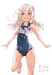 Rule 34 | 1girl, artist name, barefoot, black neckwear, blonde hair, blue eyes, blue sailor collar, blue one-piece swimsuit, character name, crop top, flower, hair flower, hair ornament, highres, japanese flag, kantai collection, long hair, looking at viewer, moupii (hitsuji no ki), one-piece swimsuit, one-piece tan, open mouth, outstretched arms, ro-500 (kancolle), sailor collar, school swimsuit, simple background, smile, solo, standing, standing on one leg, swimsuit, swimsuit under clothes, tan, tanline, white background