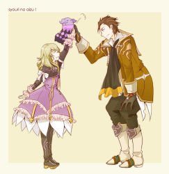 Rule 34 | 1boy, 1girl, ^ ^, alvin (tales), ascot, black gloves, black thighhighs, blonde hair, boots, bow, brown hair, closed eyes, coat, collar, creature, dress, elize lutus, full body, gloves, height difference, high five, knee boots, koniwa, long hair, pants, purple dress, ribbon, size difference, smile, tales of (series), tales of xillia, teepo (tales), thigh boots, thighhighs, wrist cuffs, yellow background