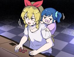 2girls aged_down aikatsu! aikatsu!_(series) arcade_cabinet baby black_eyes blonde_hair blue_hair blush_stickers bow_hairband checkered_floor collarbone diamond_mouth hair_ornament hair_scrunchie hairband hoshimiya_ichigo jitome kiriya_aoi long_hair looking_ahead multiple_girls no_sclera nodding on_shoulder oomiya_(precureee) open_mouth pacifier playing_games pointing red_hairband scrunchie shirt short_hair short_sleeves side_ponytail sitting small_sweatdrop t-shirt white_shirt