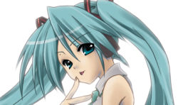 Rule 34 | 1girl, :p, aqua eyes, aqua hair, aqua necktie, collared shirt, female focus, finger to mouth, from side, grey shirt, hair between eyes, hair ornament, hatsune miku, headphones, long hair, looking at viewer, necktie, shirt, simple background, sleeveless, solo, tongue, tongue out, twintails, vocaloid, white background, yusya