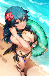 Rule 34 | 1girl, beach, bikini, black bikini, blue eyes, blue hair, breasts, byleth (female) (fire emblem), byleth (female) (summer) (fire emblem), byleth (fire emblem), cleavage, closed mouth, dagger, fire emblem, fire emblem: three houses, fire emblem heroes, flower, hair flower, hair ornament, highres, holding, innertube, kaze-hime, knife, large breasts, long hair, looking at viewer, nintendo, official alternate costume, outdoors, sheath, sheathed, smile, solo, standing, swim ring, swimsuit, water, weapon