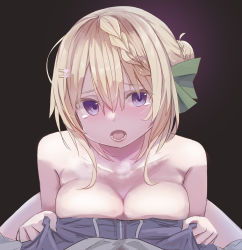 Rule 34 | 1girl, :o, black background, blonde hair, braid, braided bangs, braided bun, breast press, breasts, cleavage, clothed male nude female, collarbone, commentary, green ribbon, hair between eyes, hair bun, hair ornament, hairclip, highres, hug, kantai collection, logiclr, looking at viewer, nude, perspective, perth (kancolle), purple eyes, ribbon, short hair, tearing up, tears