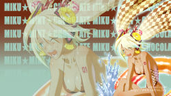 Rule 34 | 1girl, alternate color, alternate costume, blonde hair, blue eyes, casual one-piece swimsuit, dark-skinned female, dark skin, food, food as clothes, fruit, ganguro, hatsune miku, highres, long hair, one-piece swimsuit, one eye closed, open mouth, patterned, pineapple, solo, swimsuit, tan, tattoo, twintails, vocaloid, wink, yamanaka kotetsu, zoom layer