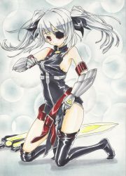 Rule 34 | 1girl, absurdres, adjusting clothes, armor, asahina kirin, bardiche (nanoha), bardiche (zanber form) (nanoha), bare shoulders, belt, blush, buckle, cosplay, eyepatch, fate testarossa, fate testarossa (cosplay), fate testarossa (true sonic form), highres, infinite stratos, laura bodewig, loose thighhigh, lyrical nanoha, mahou shoujo lyrical nanoha strikers, red eyes, short twintails, silver hair, solo, thighhighs, twintails