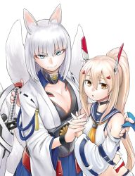 Rule 34 | 2girls, :o, animal ears, ayanami (azur lane), azur lane, bare shoulders, blonde hair, blue eyes, blue sailor collar, breasts, choker, cleavage, commentary request, cowboy shot, detached sleeves, eyeliner, fox ears, fox tail, headgear, holding, holding hands, holding sword, holding weapon, interlocked fingers, kaga (azur lane), kikumon, long hair, long sleeves, looking at viewer, makeup, medium hair, midriff, multiple girls, multiple tails, nujima, ponytail, sailor collar, shirt, shuriken, simple background, sleeveless, sleeveless shirt, sword, tail, weapon, white background, wristband, yellow eyes, yellow neckwear