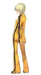 Rule 34 | 10s, 1girl, arms behind back, blonde hair, bruce lee&#039;s jumpsuit, female focus, full body, grey eyes, highres, huang baoling, jumpsuit, light smile, long sleeves, orange jumpsuit, profile, shirabi, short hair, simple background, solo, tiger &amp; bunny, white background