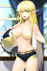 Rule 34 | 1girl, :o, bare shoulders, belt, bikini, bikini top only, blonde hair, blush, bow, breasts, cleavage, collarbone, curtains, elf, female focus, green eyes, highres, holding, large breasts, long hair, long pointy ears, looking at viewer, navel, open mouth, pointy ears, shiny skin, short shorts, shorts, snowball22, solo, standing, strap gap, swimsuit, sword girls, towel, treanna, window