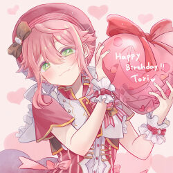 Rule 34 | 1boy, :3, androgynous, blush, clothing request, ensemble stars!, green eyes, happy birthday, hat, heart, highres, himemiya tori, looking at viewer, lueca, male focus, pink background, pink hair, pink theme, short sleeves, solo