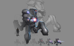 Rule 34 | 1boy, concept art, earthrise (game), full body, glowing, grey background, machinery, mecha, robot, silhouette, simple background, size difference, standing