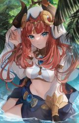 Rule 34 | 1girl, bare shoulders, blue eyes, blue gemstone, breasts, closed mouth, crop top, detached sleeves, forehead jewel, gem, genshin impact, hand up, harem outfit, highres, horns, leaf, long hair, looking at viewer, medium breasts, naruka (ynarukay), nature, navel, nilou (genshin impact), parted bangs, red hair, see-through, see-through sleeves, shirt, sitting on water, skirt, smile, solo, stomach, thighs, vambraces, vegetation, veil, vision (genshin impact), water, wet, white headdress, white shirt