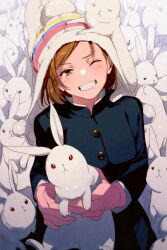 Rule 34 | 1girl, animal, animal on head, beanie, black jacket, brown eyes, brown hair, buttons, commentary request, earflap beanie, echo (circa), gakuran, grin, hat, holding, holding animal, holding rabbit, jacket, jujutsu kaisen, knit hat, kugisaki nobara, looking at viewer, on head, one eye closed, pom pom (clothes), pom pom beanie, rabbit, school uniform, smile, solo, swept bangs, too many, too many rabbits, upper body, white hat