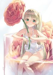 Rule 34 | 1girl, absurdres, bare arms, bare legs, bare shoulders, blonde hair, blush, closed mouth, collarbone, commentary, english commentary, feet out of frame, flower, flower request, green eyes, highres, holding, holding flower, kimyo, long hair, looking at viewer, mini person, minigirl, one-piece swimsuit, original, sitting, smile, solo, swimsuit, water, white one-piece swimsuit