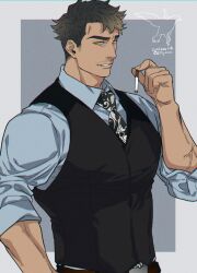 Rule 34 | 1boy, bara, black sweater vest, blue shirt, brown hair, cigarette, facing to the side, grey background, holding, holding cigarette, looking at viewer, male focus, orange eyes, original, outline, shirt, short hair, signature, solo, sweater vest, twitter username, upper body, yan (bltyann)