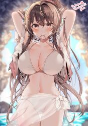 Rule 34 | 1girl, absurdres, bare arms, bare shoulders, bikini, blush, breasts, brown eyes, brown hair, cleavage, closed mouth, collarbone, commission, cowboy shot, hair between eyes, hands in hair, highres, kantai collection, large breasts, long hair, looking at viewer, navel, skeb commission, smile, solo, swimsuit, very long hair, white bikini, yam (yamap mako), yamato (kancolle)