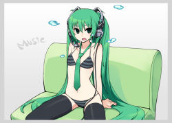 Rule 34 | 1girl, arm support, between breasts, bikini, black thighhighs, border, breasts, chan co, couch, duplicate, green hair, green necktie, grey border, hatsune miku, headphones, long hair, looking at viewer, necktie, necktie between breasts, simple background, sitting, solo, striped bikini, striped clothes, swimsuit, teeth, text focus, thighhighs, very long hair, vocaloid, white background