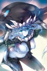 Rule 34 | 10s, 1girl, abyssal ship, aqua eyes, bodysuit, breasts, breasts apart, covered erect nipples, covered navel, cowboy shot, expressionless, gradient background, hair between eyes, hat, kantai collection, leaning forward, long hair, looking at viewer, min-naraken, pale skin, silver hair, solo, wavy hair, wo-class aircraft carrier