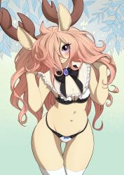Rule 34 | 1girl, animal ears, antlers, black bow, blush, body fur, bow, bow panties, bowtie, bra, breasts, commentary, cowboy shot, deer ears, english commentary, eyelashes, furry, furry female, horns, lace, lace-trimmed bra, lace-trimmed panties, lace trim, leaf, long hair, medium breasts, navel, orange hair, original, panties, purple eyes, reindeer, reindeer antlers, reindeer girl, see-through, simple background, solo, underwear, uno usaya, white legwear, wide hips, yellow fur