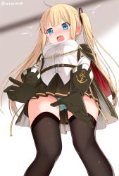 Rule 34 | 1girl, ahoge, amazon (azur lane), anchor symbol, azur lane, belt, belt buckle, black cape, black gloves, black skirt, black thighhighs, blonde hair, blue eyes, blue panties, blush, breasts, brown belt, buckle, buttons, cape, commentary request, dx (dekusu), embarrassed, fang, from below, gloves, hair ornament, highres, legs apart, long hair, looking at viewer, open mouth, panties, pantyshot, pleated skirt, shirt, skirt, small breasts, solo, standing, sweatdrop, thighhighs, twintails, underwear, very long hair, white shirt