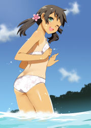 Rule 34 | 1girl, ;d, bikini, breasts, cloud, cowboy shot, day, floral print, mattaku mousuke, one-piece tan, one eye closed, open mouth, original, outdoors, short twintails, sky, small breasts, smile, solo, standing, swimsuit, tan, tanline, twintails, wading, wink