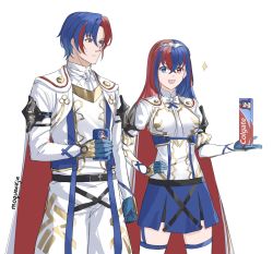 Rule 34 | 1boy, 1girl, absurdres, alear (female) (fire emblem), alear (fire emblem), alear (male) (fire emblem), armor, blue eyes, blue hair, blush, breasts, can, crossed bangs, drink can, dual persona, fire emblem, fire emblem engage, gloves, heterochromia, highres, holding, holding can, jewelry, long hair, matching hair/eyes, medium breasts, moja (rainpoow), multicolored hair, nintendo, pepsi, red eyes, red hair, smile, soda can, toothpaste, two-tone hair, very long hair