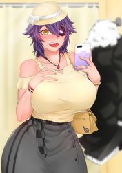 Rule 34 | 1girl, alternate costume, blush, breasts, cellphone, chanary, cowboy shot, eyepatch, fitting room, grey skirt, hand on breast, hat, headgear, holding, holding phone, kantai collection, large breasts, open mouth, phone, purple hair, shirt, short hair, skirt, smartphone, solo, tenryuu (kancolle), yellow eyes, yellow shirt