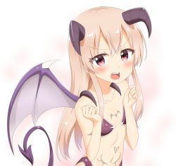 Rule 34 | 1girl, bare arms, bare shoulders, bat wings, blonde hair, commentary request, demon girl, flat chest, horns, long hair, looking at viewer, nedia (nedia region), open mouth, original, pink eyes, pubic tattoo, revealing clothes, simple background, solo, tail, tattoo, white background, wings