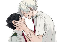 Rule 34 | 2boys, aged down, bandaid, bandaid on face, bandaid on nose, black hair, boku no hero academia, collared shirt, commentary request, eraser head (boku no hero academia), closed eyes, grimace, grin, hands on another&#039;s arms, hands on another&#039;s face, looking at another, looking up, loud cloud, male focus, multiple boys, necktie, red necktie, rnuyvm, school uniform, shirt, short hair, short sleeves, simple background, smile, teeth, u.a. school uniform, white background, white hair, white shirt