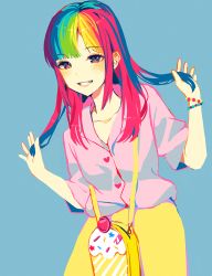 Rule 34 | 1girl, :d, blue background, blush, bracelet, commentary, english commentary, hands up, heart, jewelry, long hair, looking at viewer, multicolored hair, open mouth, original, pink shirt, rainbow hair, red eyes, satchely, shirt, short sleeves, simple background, skirt, smile, solo, standing, yellow skirt