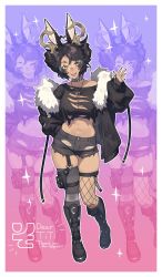 Rule 34 | 1girl, absurdres, ahoge, animal ears, black footwear, black shirt, black shorts, black thighhighs, boots, breasts, cleavage, commentary, commission, cropped shirt, dark-skinned female, dark skin, double bun, english commentary, glasses, hair bun, heart, heart hair, highres, horns, indie virtual youtuber, large breasts, matsuda sousuke, midriff, navel, rabbit ears, rabbit girl, round eyewear, second-party source, sharp teeth, shirt, shorts, single thighhigh, skeb commission, skindentation, smile, solo, teeth, thighhighs, titi (vtuber), torn clothes, torn shirt, virtual youtuber, waving