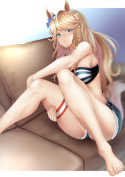 Rule 34 | 1girl, animal ears, bad id, bad pixiv id, bandeau, bare shoulders, barefoot, blonde hair, blue eyes, blue ribbon, bow, breasts, couch, cutoffs, denim, denim shorts, ear bow, gold city (umamusume), hand on own knee, hand on own thigh, highres, horse ears, horse girl, horse tail, legs, letterboxed, long hair, looking at viewer, medium breasts, ribbon, shorts, sitting, solo, striped bandeau, swept bangs, tail, thigh strap, thighs, tsukareme, umamusume