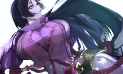 Rule 34 | 1girl, armor, bodysuit, breasts, fate/grand order, fate (series), highres, huge breasts, long hair, looking at viewer, mature female, minamoto no raikou (fate), purple bodysuit, purple eyes, purple hair, simple background, solo, very long hair
