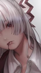 Rule 34 | 1girl, blood, blood from mouth, blood on face, blood trail, bow, close-up, collared shirt, eyebrows hidden by hair, fujiwara no mokou, grey background, grey hair, grey shirt, hair bow, hair over eyes, hair over shoulder, half updo, head out of frame, head tilt, highres, hime cut, lips, long hair, looking at viewer, miyako yamamoto, out of frame, parted lips, portrait, red bow, red eyes, shirt, sidelocks, simple background, solo, straight hair, suspenders, teeth, touhou, two-tone bow, white bow, white hair, white shirt, wing collar