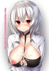 Rule 34 | 1girl, alternate costume, azur lane, bad id, bad pixiv id, blush, breasts, breasts out, choker, collared shirt, cum, cum on body, cum on breasts, cum on upper body, gradient background, grey background, hair between eyes, highres, large breasts, looking at viewer, nipples, o-ring, o-ring top, one breast out, one eye closed, open clothes, open shirt, partially unbuttoned, ramchi, red eyes, shirt, short hair, signature, silver hair, sirius (azur lane), sirius (scorching-hot seirios) (azur lane), smile, solo, sweat, upper body, white background, white shirt